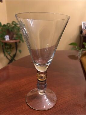 Wine goblet clear glass with colored iridescent yellow and blue glass ball stem